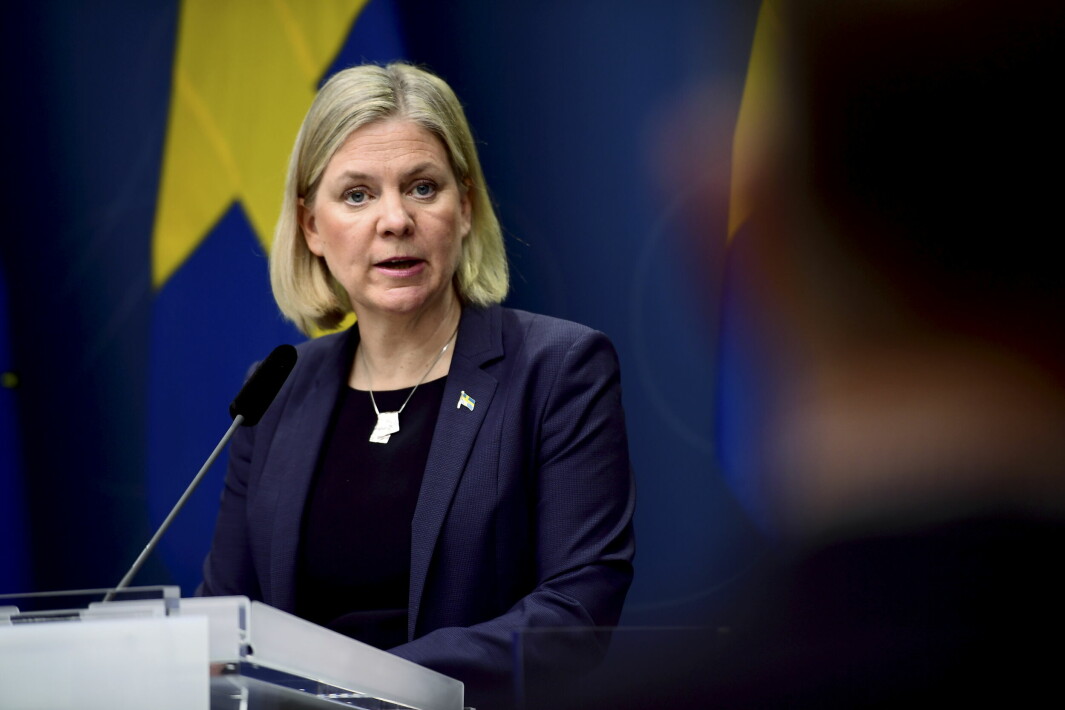 Magdalena Andersson kommenterar Rysslands attack mot Ukraina, vid en pressträff i Rosenbad.