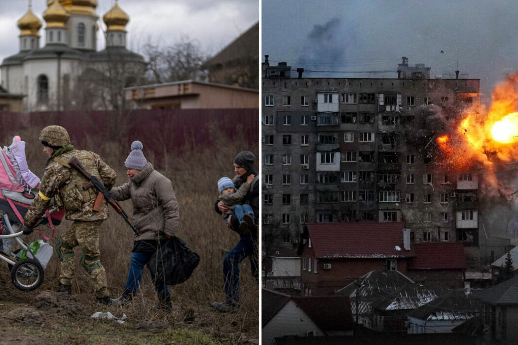 Bild 1: Den 5 mars hjälper ukrainska soldater civila att fly från utkanten av huvudstaden Kiev. Bild 2: Mariupol i södra Ukraina har utstått några av krigets hittills svåraste angrepp. Bild från 11 mars.