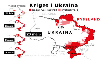 Områden under rysk kontroll samt områden med rysk närvaro, 24 februari–23 mars.