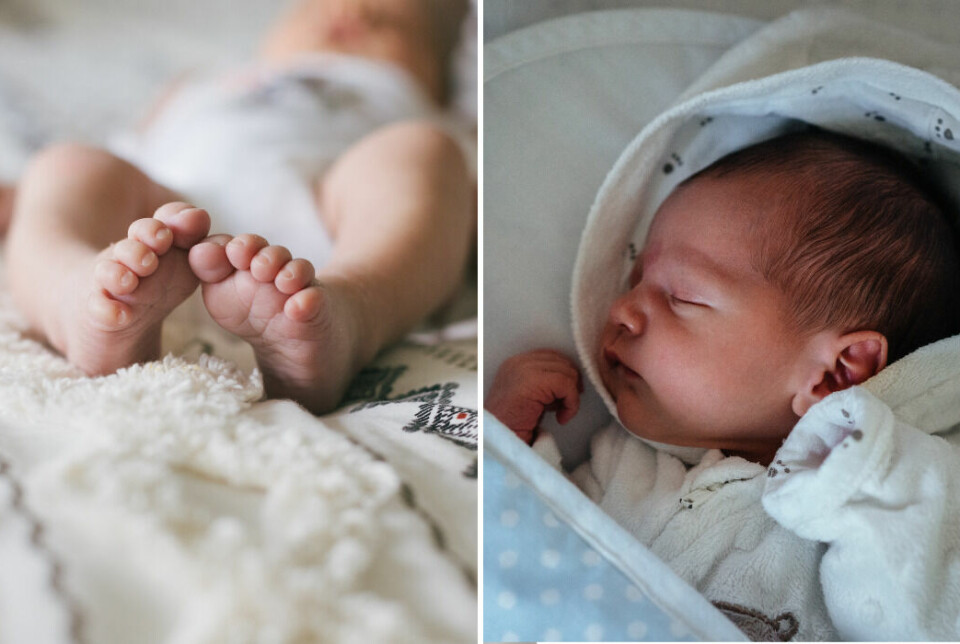 Bebisfötter och nyfödd bebis.