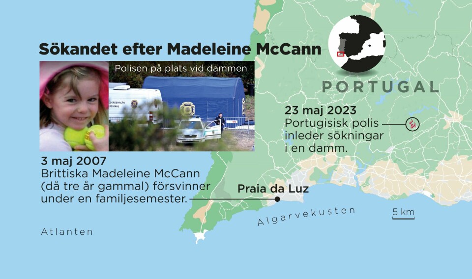 Portugisisk polis har inlett sökningar efter Madeleine McCann i en damm cirka fem mil från platsen där hon försvann för 15 år sedan.